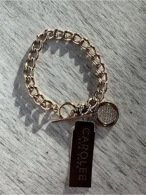 Carolee NY Pave’ Crystal Gold Tone Disc Toggle Chain Bracelet Live, Laugh, Love